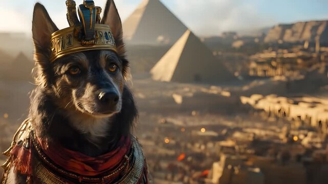 A dog wearing an Egyptian headdress stands before pyramids
