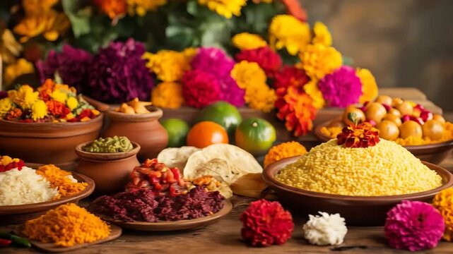 A festive ofrenda with offerings of food flowers and candles