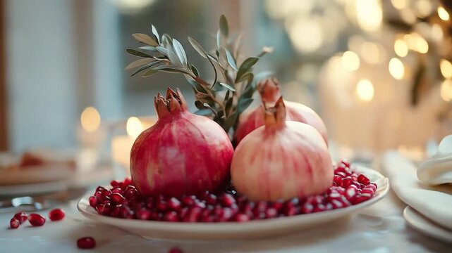 A festive table setting with pomegranates arils and a sprig of greenery