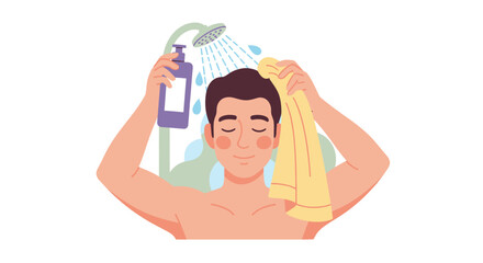 Man Showering Drying Hair with Towel Using Shampoo Bottle.