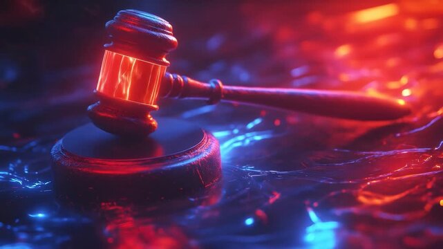 A glowing red gavel rests on a dark podium with a reflective wavy surface illuminated by blue and red light