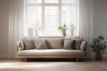 Cozy Scandinavian Sofa by Sheer Draped Window