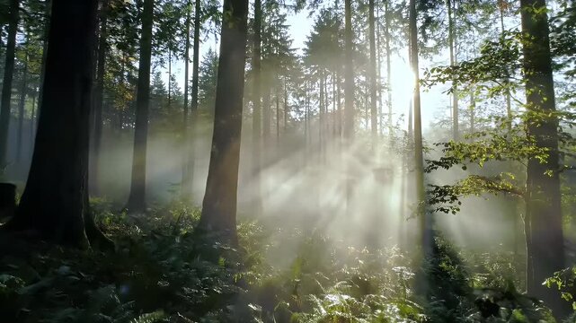 Enchanting forest scene with sunrays piercing through dense fog illuminating lush green undergrowth in a serene natural setting