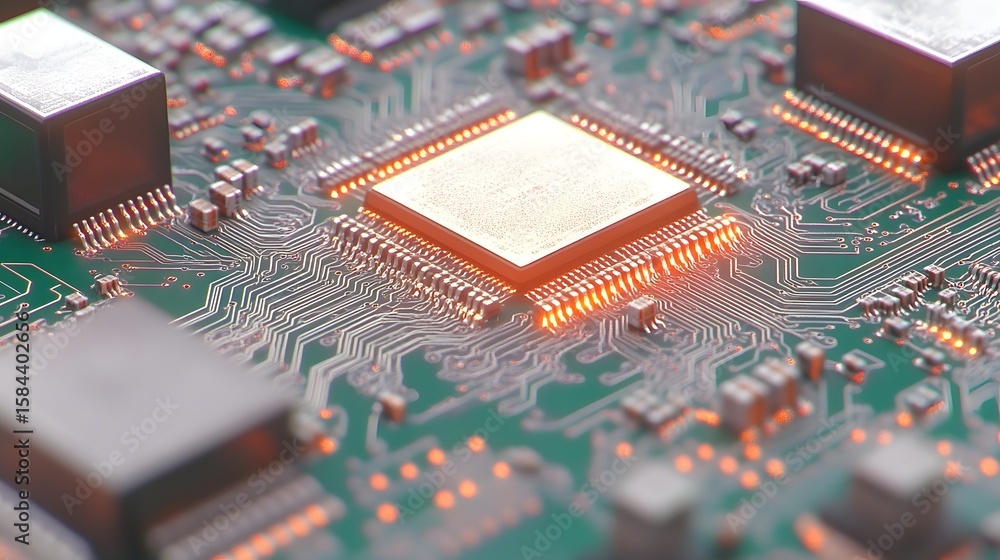 Poster close-up view of a circuit board with a highlighted processor.