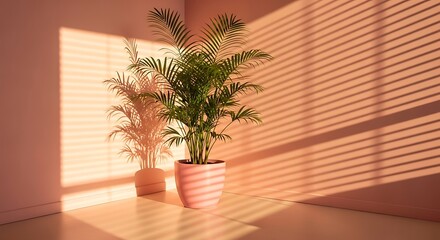Photo of a lush green houseplant casts shadows on a pink wall