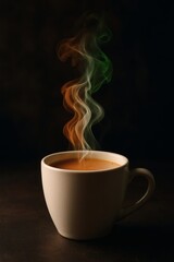 Tricolor Steam Rising from Chai Cup on Dark Background, Indian Flag Colors in Hot Tea Vapor
