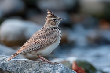 A Galerida cristata alone on a river rock