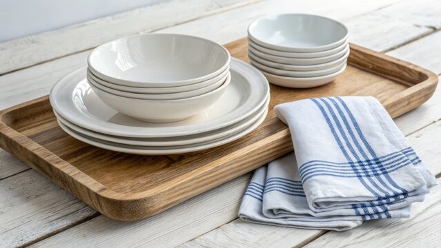 Stacked White Bowls and Plates on Wooden Tray, Table Setting, Rustic Kitchen Decor, Farmhouse Style, Napkin Tableware, Farmhouse