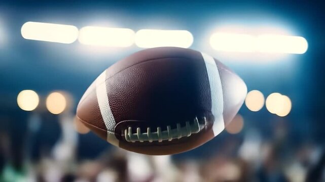 American football in midair against bright stadium lights