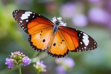 Obraz premium A lovely butterfly on a flower displays its wings in a garden