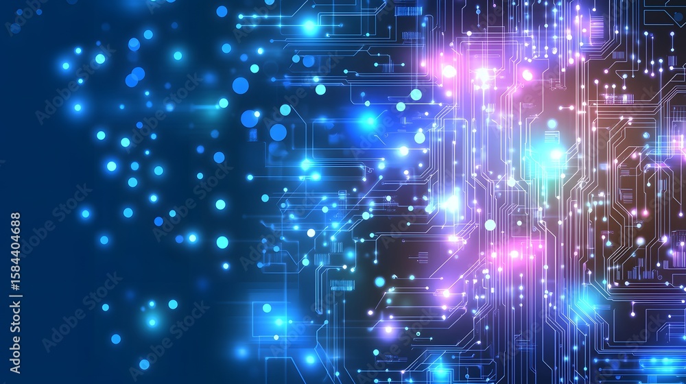 Poster intricate circuit board design with glowing lines and points.