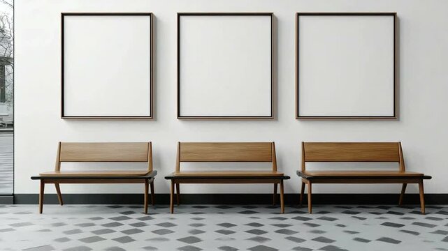 Empty frames and benches in a modern waiting room interior design mock up scene