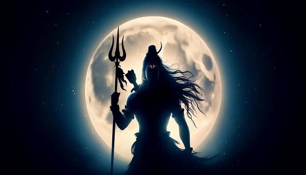 Majestic Shiva silhouette under a huge full moon, holding his symbolic trident, radiating spiritual essence. Hindu mythology, cosmic divine power, mystical atmosphere, Indian art, enlightenment. God