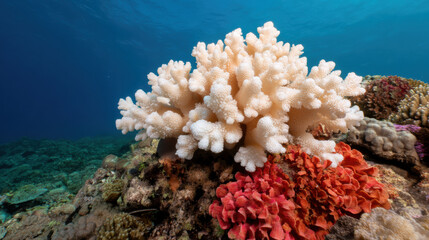  vibrant underwater scene showcasing white coral and colorful marine sponges on a rocky reef bed.