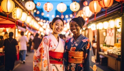 夏祭りを楽しむ浴衣姿の女性たち