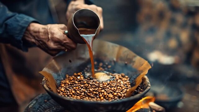 Coffee beans being poured into a roasting pan
