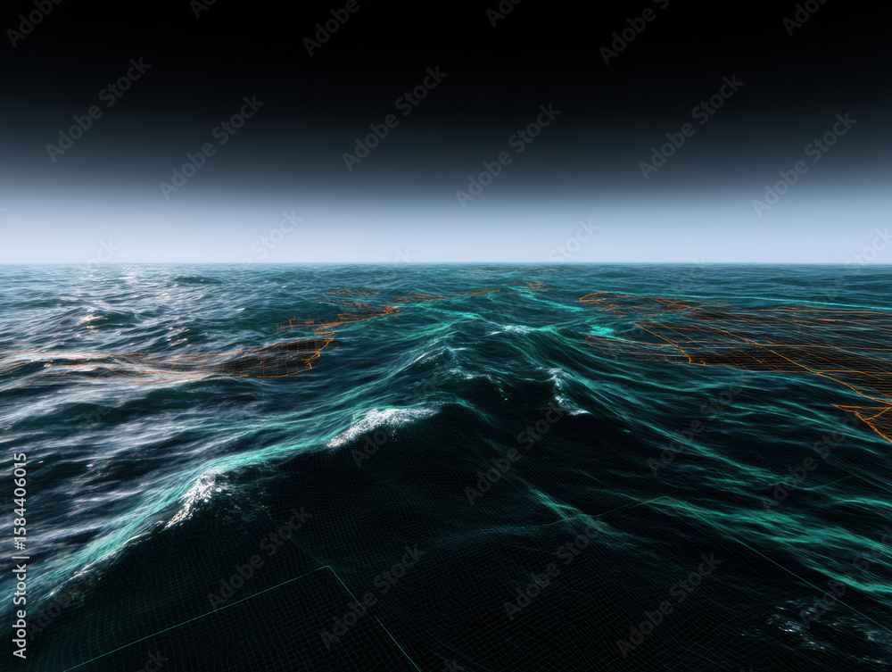 Poster digital ocean waves merge with neon grid lines under a dark sky, blending natural and technological 