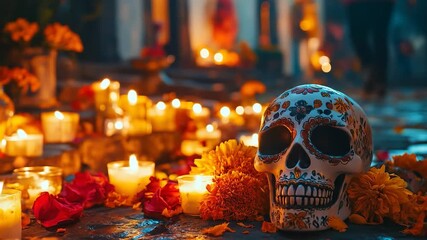 Day of the Dead altar with skull candles and flowers - Powered by Adobe