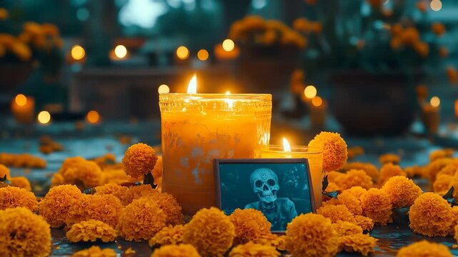 Day of the Dead altar with marigolds and candles