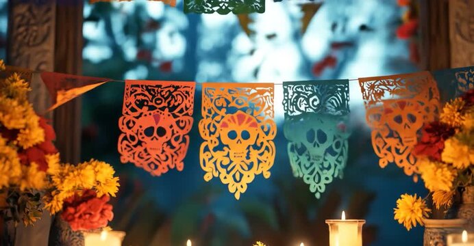 Day of the Dead altar with papel picado candles and flowers