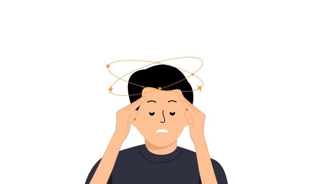 A dizzy man with stars spinning above his head. male suffering from headache. dizzy man with throbbing head. Dizzy man holding his head
