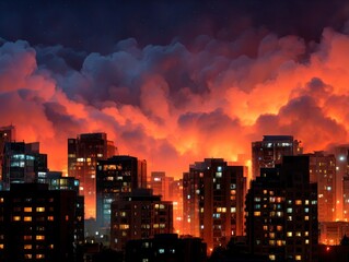 Obraz premium City skyline at night with fiery clouds