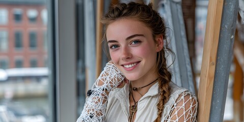 Smiling woman with prosthetic arm in front of window