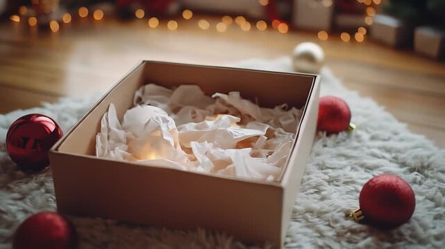 Empty gift box with crumpled paper and red ornaments on a fuzzy rug