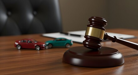 Wooden gavel, toy cars symbolize car accident insurance legalities. Represents lawsuit claim settlements, process, damage compensation, justice for victim, trial hearings involving statute auto trade
