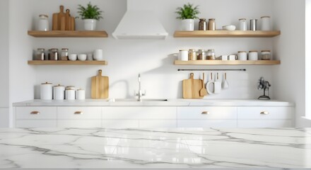 A marble countertop with blurred of a bright, modern kitchen. The soft focus on the interior background highlights. making it ideal for showcasing kitchen-related products.