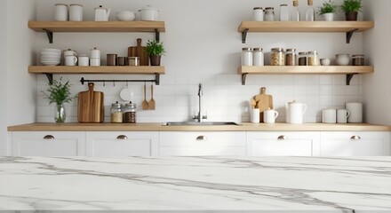 A marble countertop with blurred of a bright, modern kitchen. The soft focus on the interior background highlights. making it ideal for showcasing kitchen-related products.