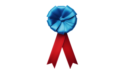 Blue award rosette with red ribbon isolated on transparent background