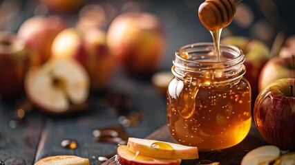 Jar of honey with apples and honey dipper - Powered by Adobe