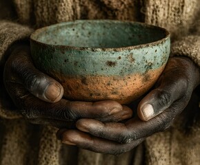 Fototapeta premium Weathered hands cradling a rustic earthenware bowl
