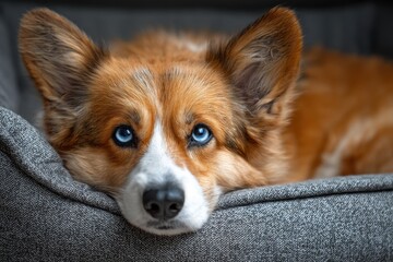 Obraz premium Sad corgi with blue eyes in bed looking outside Top area of the photo is blank