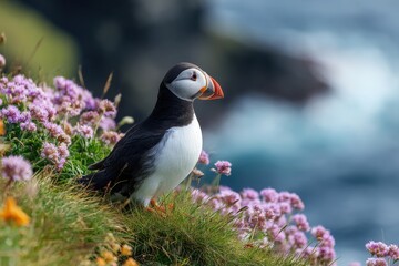 Adorable puffin perched on the grassy cliff of Mykines in the Atlantic