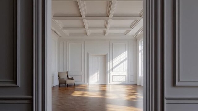 Ornate coffered ceiling and paneled walls in an empty room