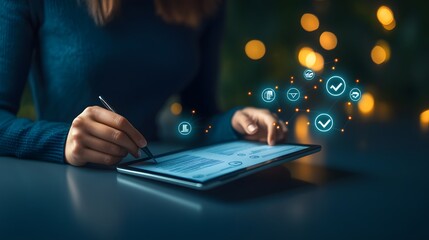 A person signs a digital document on a tablet.