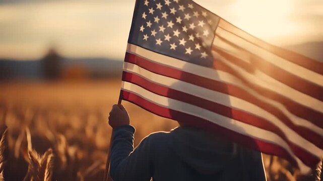 Person holding American flag in a golden field at sunset