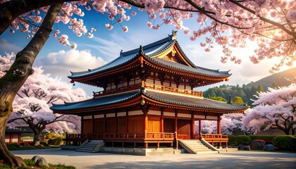 Obraz premium Traditional Japanese Temple in Spring Cherry Blossom Season