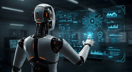 Design of a smart humanoid robot with artificial intelligence touching a hologram digital interface screen background