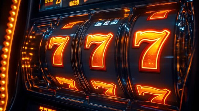Slot machine reels displaying glowing orange sevens