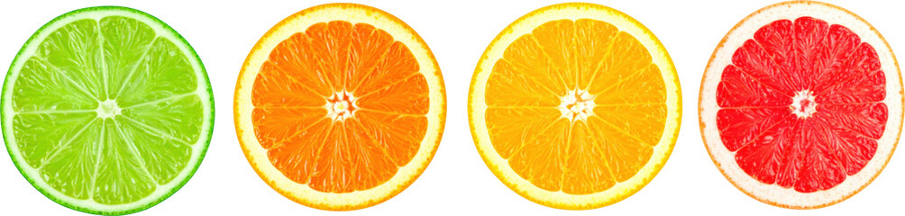Four citrus fruit halves lime orange orange grapefruit Vibrant colors