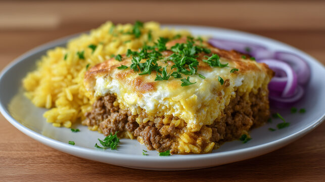 South African bobotie casserole with spiced minced meat, egg topping, and yellow rice.