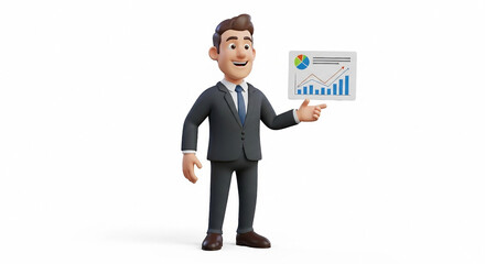 Fototapeta premium 3D Cartoon businessman pointing at financial chart with rising bars and pie chart graph