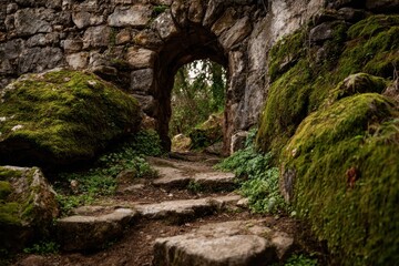 Moss covered ancient stone archway with a path to a horizontal opening in a weathered wall