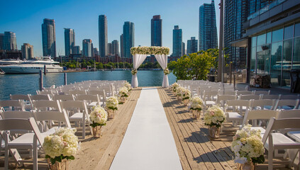 The wedding ceremony decor includes elegant white chairs and a long, elegant carpet spread out on the dock,