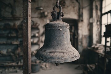 Fototapeta premium Antique church bell suspended indoors