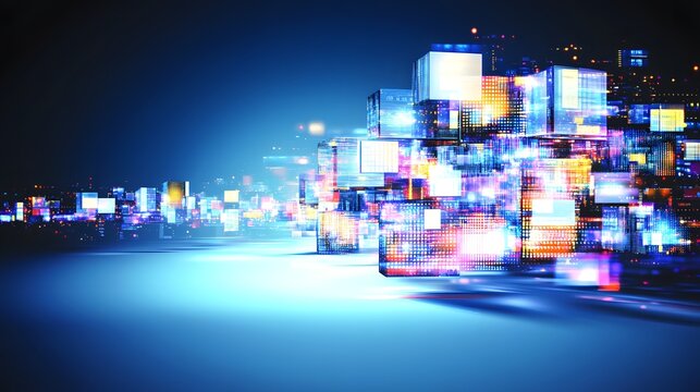 Digital city of glowing blocks.