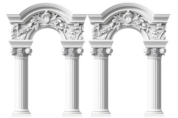 Double classical columns with ornate archway isolated on transparent background